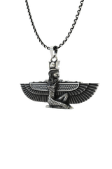 Close-up detail of the goddess Isis's face and royal headdress on the Isis Wings Pendant.