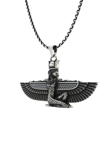 Close-up detail of the goddess Isis's face and royal headdress on the Isis Wings Pendant.