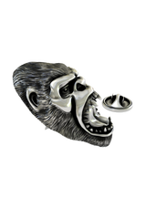 Close-up detail of the intense expression and textured fur on the Silver Gorilla Lapel Pin.
