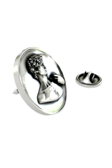Close-up detail of the intense gaze and curly hair on the Silver Michelangelo's David Pin, showcasing the fine artistry.
