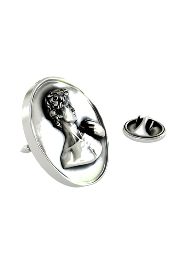 Close-up detail of the intense gaze and curly hair on the Silver Michelangelo's David Pin, showcasing the fine artistry.
