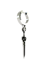 Close-up detail of the intricate demon skull guard on the Gothic Sword Earring, emphasizing the dark, oxidized finish