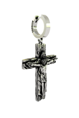 Close-up detail of the intricate engraving on the Jesus Cross Earring, highlighting the sterling silver artistry