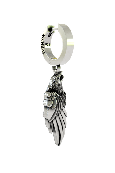Close-up detail of the intricate feather work on the Eagle Wing Earring, showcasing the oxidized and polished finish