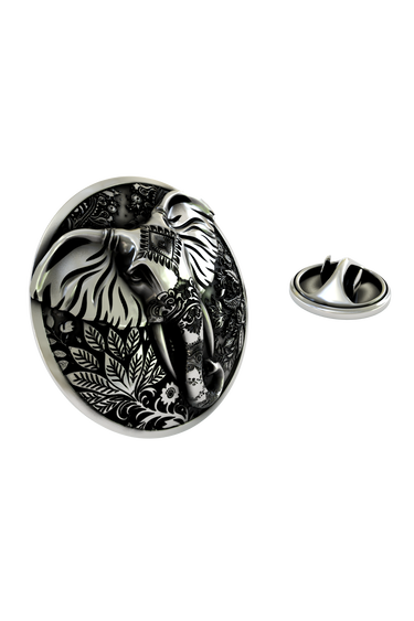 Close-up detail of the intricate, high-quality carvings on the Silver Elephant Lapel Pin.

