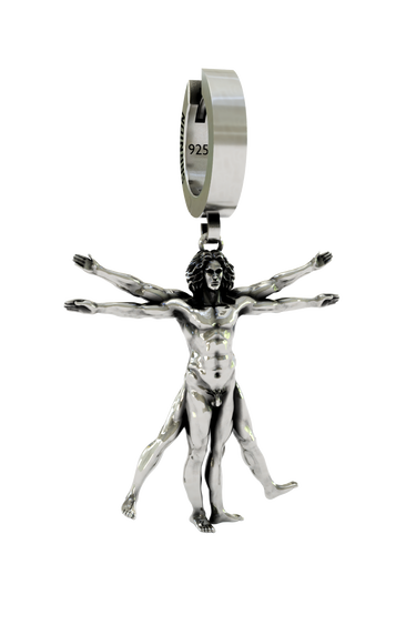 Close-up detail of the intricate muscular and facial features on the Vitruvian Man Earring