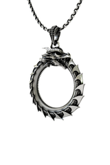 Close-up detail of the intricate scales on the Dragon Ouroboros Pendant, showcasing the expert craftsmanship and oxidized finish of the 925 sterling silver.