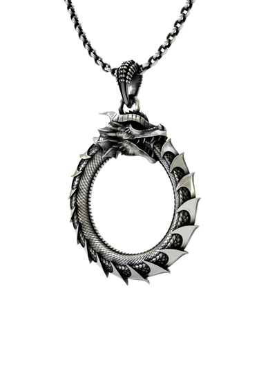 Close-up detail of the intricate scales on the Dragon Ouroboros Pendant, showcasing the expert craftsmanship and oxidized finish of the 925 sterling silver.