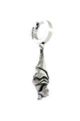 Close-up detail of the intricately sculpted face on the Hanging Bat Earring, showing the fine sterling silver craftsmanship