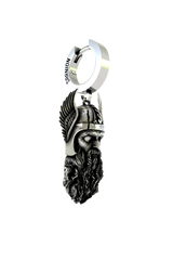 Close-up detail of the knotwork on the helmet of the Viking Warrior Earring, emphasizing the fine, oxidized craftsmanship