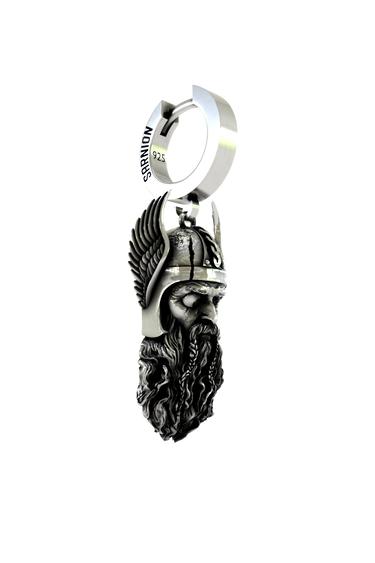 Close-up detail of the knotwork on the helmet of the Viking Warrior Earring, emphasizing the fine, oxidized craftsmanship