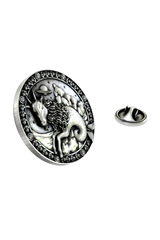 Close-up detail of the mythological Sea-Goat and celestial background on the Capricorn Zodiac Pin.