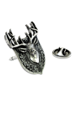 Close-up detail of the noble stag's face and the intricate oak leaves on the Stag Lapel Pin.


