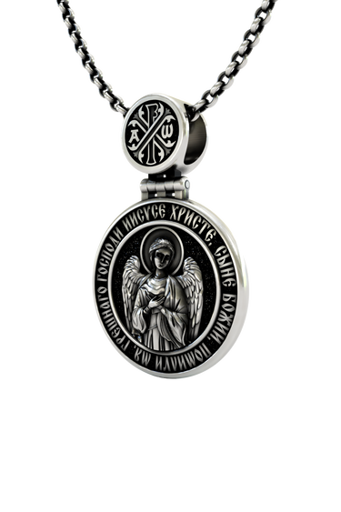Close-up detail of the ornate bail on the Divine Protection Pendant, showcasing the Christian Chi Rho symbol.