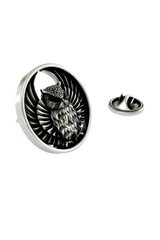 Close-up detail of the owl's face on the Artisan Owl Pin, highlighting the textured sterling silver finish
