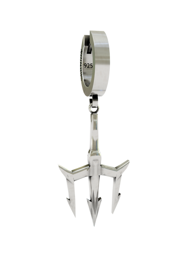 Close-up detail of the polished sterling silver on the Trident Symbol Earring, showing the precision craftsmanship