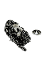 Close-up detail of the powerful expression and flowing beard on the Silver Zeus Lapel Pin.