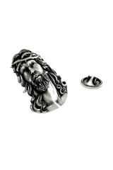 Close-up detail of the reverent expression and craftsmanship on the Silver Jesus Head Pin.