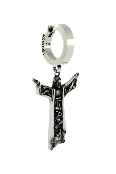 Close-up detail of the sculpted Jesus figure on the Risen Christ Earring, emphasizing the fine craftsmanship