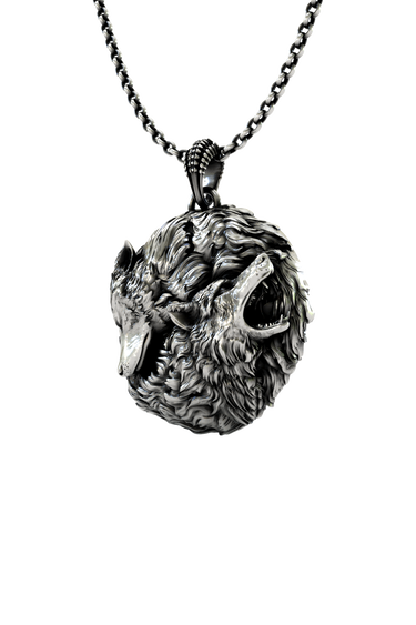 Close-up detail of the snarling wolf face on the Geralt of Rivia Wolf Medallion, emphasizing its aggressive aesthetic.