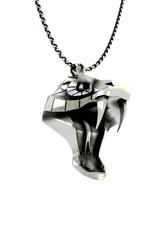 Close-up detail of the stylized eyes and sharp facets on the Viper School Pendant, emphasizing its modern, aggressive look.
