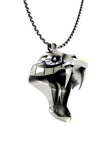 Close-up detail of the stylized eyes and sharp facets on the Viper School Pendant, emphasizing its modern, aggressive look.