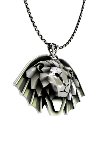 Close-up detail of the stylized face and angular plates on the Manticore School Pendant, emphasizing its modern, geometric design.