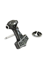 Close-up detail of the swirling patterns and stylized bird head on the Mjolnir Lapel Pin.