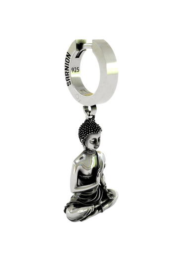 Close-up detail of the textured hair and calm facial expression on the Buddha Meditation Earring