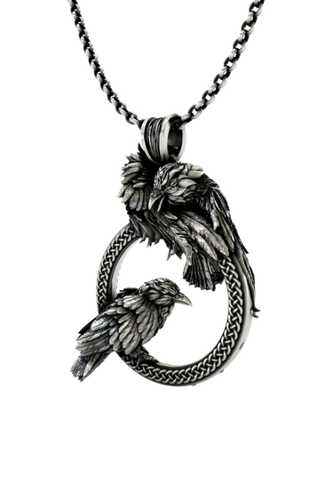 Close-up detail of the watchful ravens and the braided knotwork on the Odin Ravens Pendant.