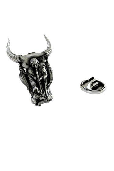 Close-up detail of the wise shaman figure and the textured horns on the Shaman's Vision Pin.


