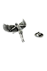 Close-up of the Artisan Icarus Lapel Pin, focusing on the intricate feather details and the oxidized finish