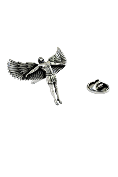 Close-up of the Artisan Icarus Lapel Pin, focusing on the intricate feather details and the oxidized finish