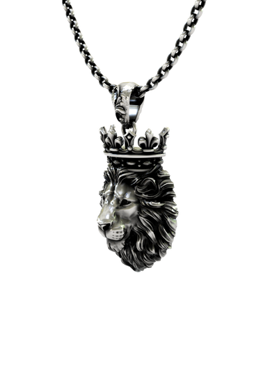 Crowned King Pendant shown on a model to demonstrate its size and regal presence as a necklace.