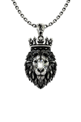 Crowned King lion pendant in 925 sterling silver, front view showcasing the detailed face and royal crown.