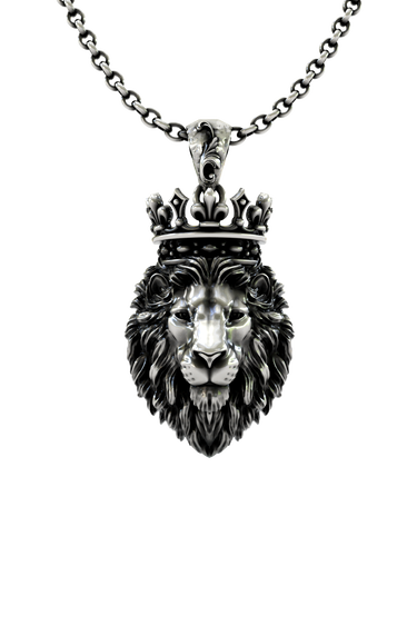 Crowned King lion pendant in 925 sterling silver, front view showcasing the detailed face and royal crown.