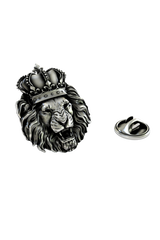 Crowned Lion King Pin in 925 sterling silver, front view of the roaring lion wearing a royal crown.