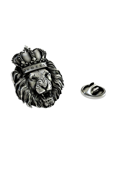 Crowned Lion King Pin in 925 sterling silver, front view of the roaring lion wearing a royal crown.