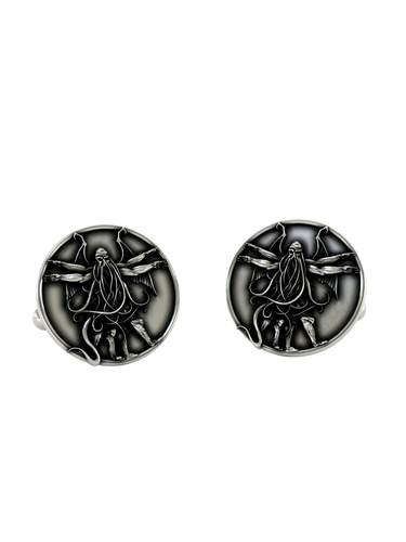 Cthulhu Cufflinks in 925 sterling silver - a direct front view of the Lovecraftian parody of da Vinci's Vitruvian Man.