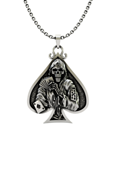 Death Gambler Pendant in 925 sterling silver, front view showcasing the skull figure inside an Ace of Spades.