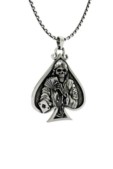Death Gambler Pendant in 925 sterling silver worn as a bold piece of biker and poker-themed jewelry.