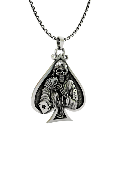 Death Gambler Pendant in 925 sterling silver worn as a bold piece of biker and poker-themed jewelry.