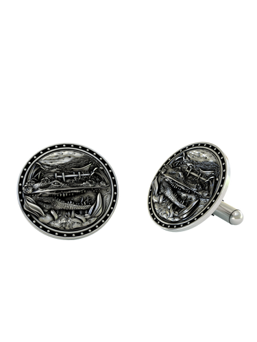 Detailed Crocodile 925 sterling silver cufflinks - angled pair view showcasing the full swamp diorama with alligator and reeds.