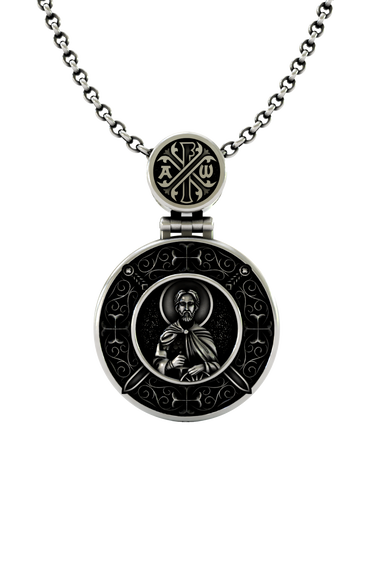 Divine Protection Pendant in 925 sterling silver, front view showing the detailed Orthodox Warrior Saint.
