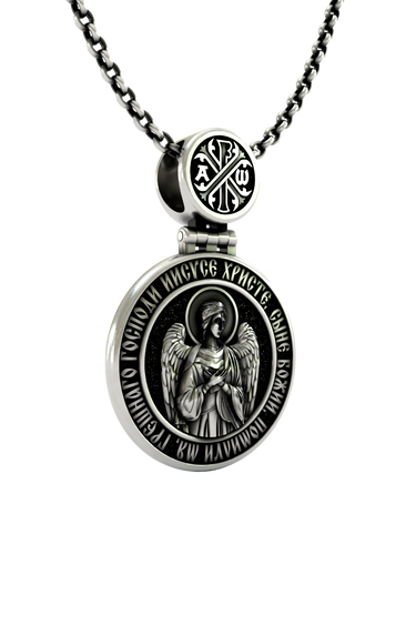 Divine Protection Pendant shown on a model to demonstrate its size and traditional Orthodox style.