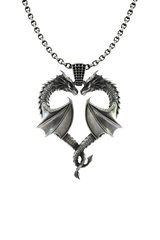 Dragon Love Pendant in 925 sterling silver, front view showing two dragons forming a heart shape.