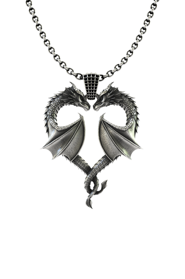 Dragon Love Pendant in 925 sterling silver, front view showing two dragons forming a heart shape.