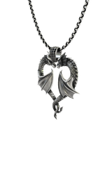 Dragon Love Pendant shown on a model to demonstrate its size and how it wears as a statement necklace.