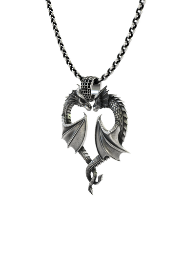 Dragon Love Pendant shown on a model to demonstrate its size and how it wears as a statement necklace.