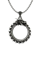 Dragon Ouroboros Pendant in 925 sterling silver, front view showing the dragon eating its tail to form a circle.